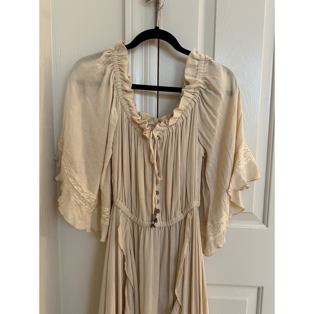 Free People Beach Bliss Maxi Dress - Cream Crinkle Gauze Lace Boho Ruffle - XS - Picture 2 of 12